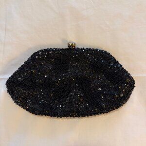 VINTAGE BLACK SPARKLY BEADED EVENING BAG PURSE CLUTH Made in Hong Kong